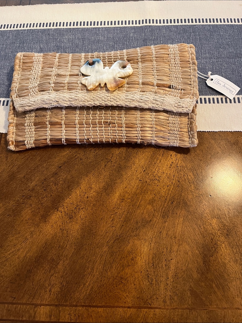 Eliza J Natural Straw Woven Clutch with Shell Accent
